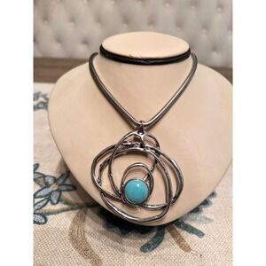 Silver Tone Statement Necklace Turquoise Pendant Large Boho Chic Jewelry‎